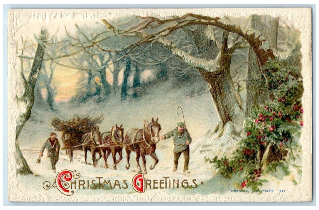 1910 Christmas Greetings Horses Carriage Winter John Winsch Embossed Postcard