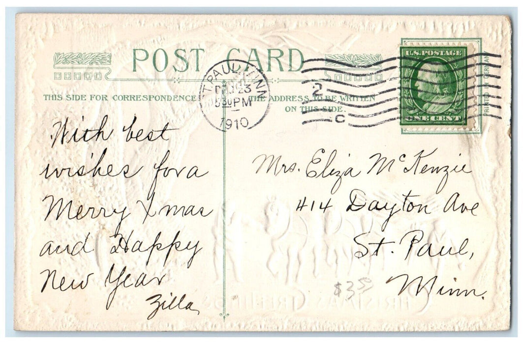 1910 Christmas Greetings Horses Carriage Winter John Winsch Embossed Postcard