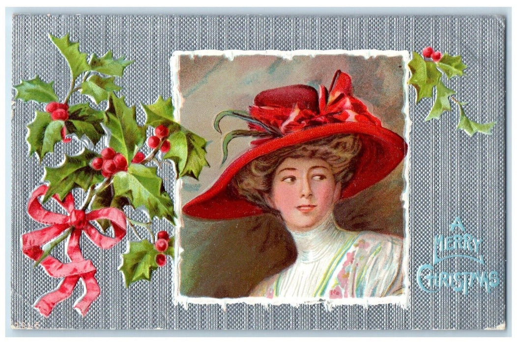 1914 Christmas Woman Big Hat Holly Berries Embossed Springfield MO Postcard