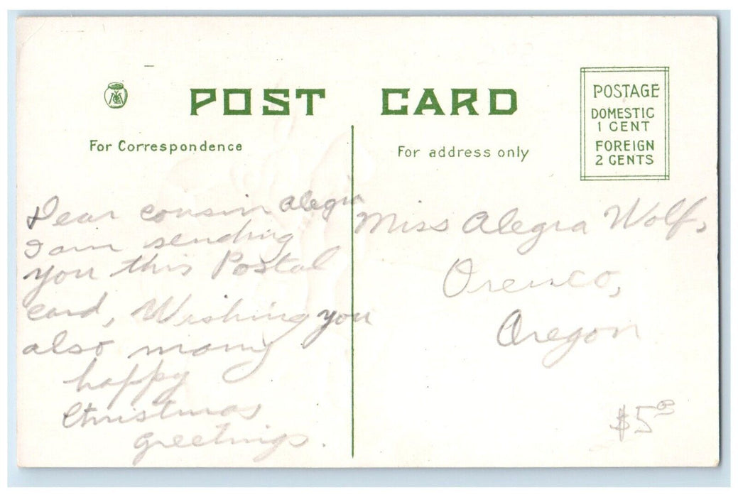 c1910's Joyful Christmas Children With Doll Embossed Posted Antique Postcard