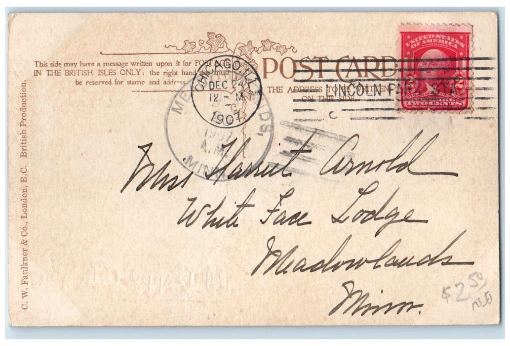 1907 Christmas Horses Carriage Chicago Illinois IL Posted Antique Postcard
