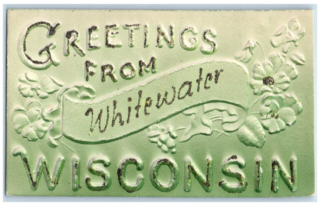 Greetings From Whitewater Wisconsin WI, Flowers Airbrushed Glitter Postcard