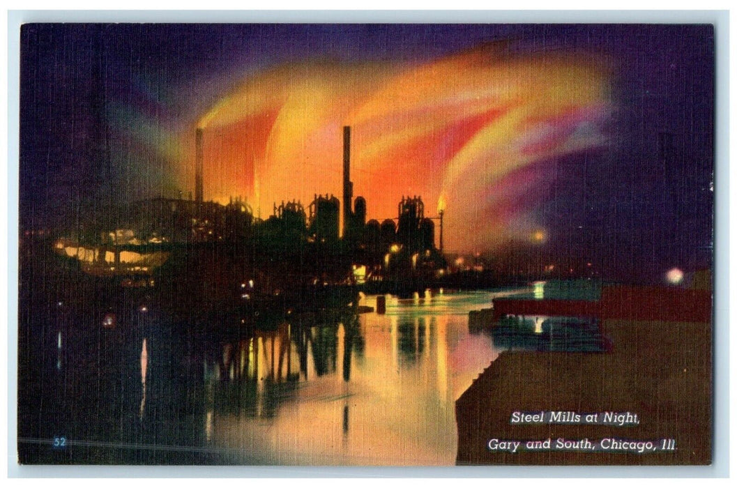 c1940 Steel Mills Night River Gary South Chicago Illinois IL Unposted Postcard