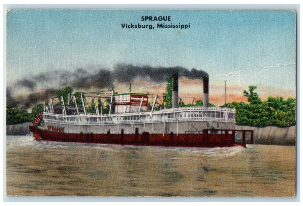 c1940 Steamer Cruise Ship Sprague Vicksburg Mississippi Antique Vintage Postcard