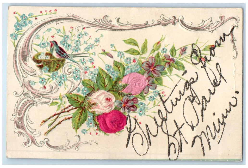 c1910 Glitter Flower Embossed Greetings From St Paul Minnesota Unposted Postcard