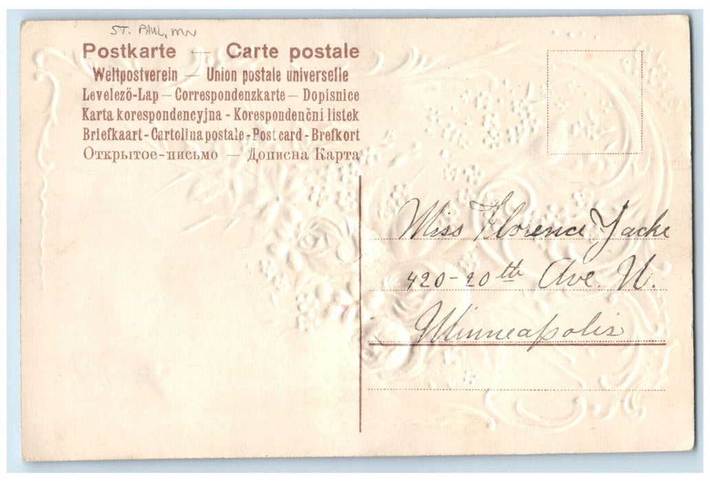 c1910 Glitter Flower Embossed Greetings From St Paul Minnesota Unposted Postcard