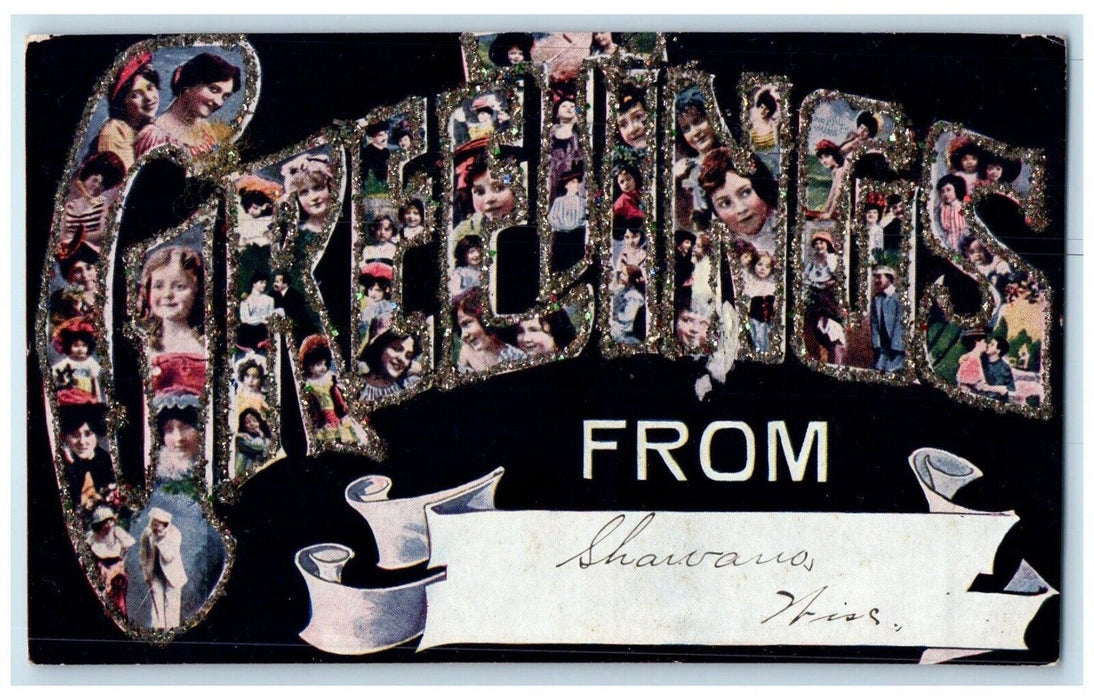 c1910's Greetings From Shawano Wisconsin WI, Large Letters Glitter Postcard