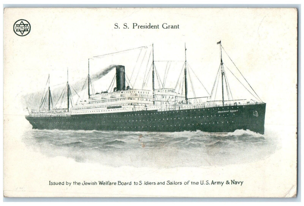 c1910 Steamer Ship SS President Grant Jewish Welfare Board US Army Navy Postcard