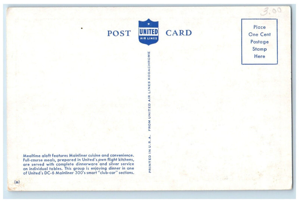 c1960 United Airlines DC-6 Mainliner Mealtime Aloft Advertising Vintage Postcard