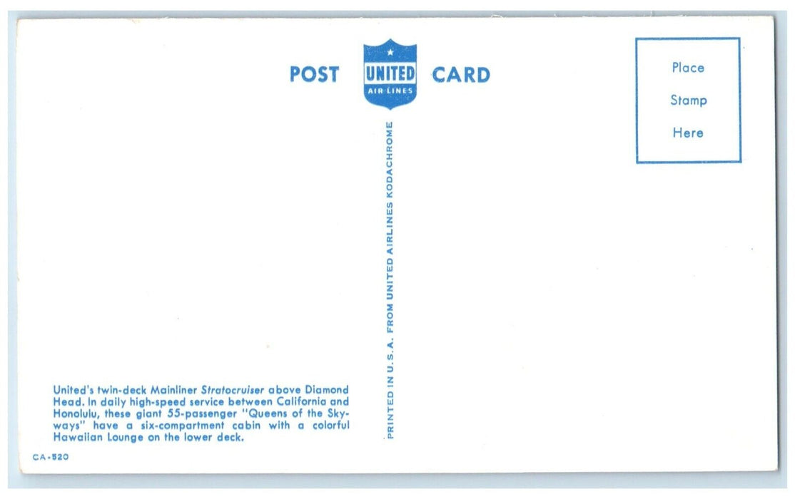 c1960 United Airlines Twin Deck Mainliner Stratocruiser Diamond Head Postcard