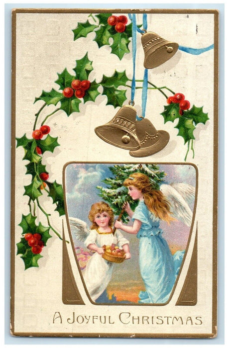 1909 Christmas Angels Berries Ringing Bells Embossed Minneapolis MN Postcard