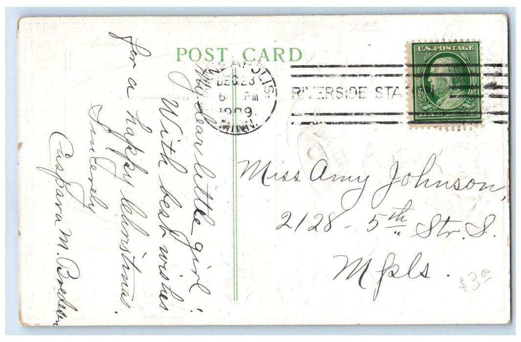 1909 Christmas Angels Berries Ringing Bells Embossed Minneapolis MN Postcard