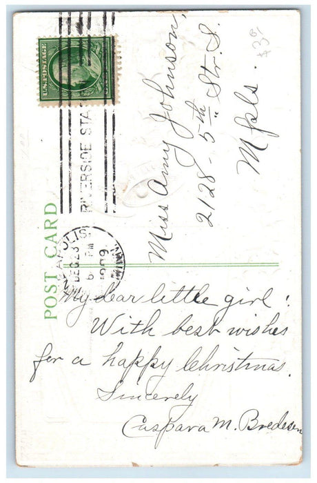 1909 Christmas Angels Berries Ringing Bells Embossed Minneapolis MN Postcard