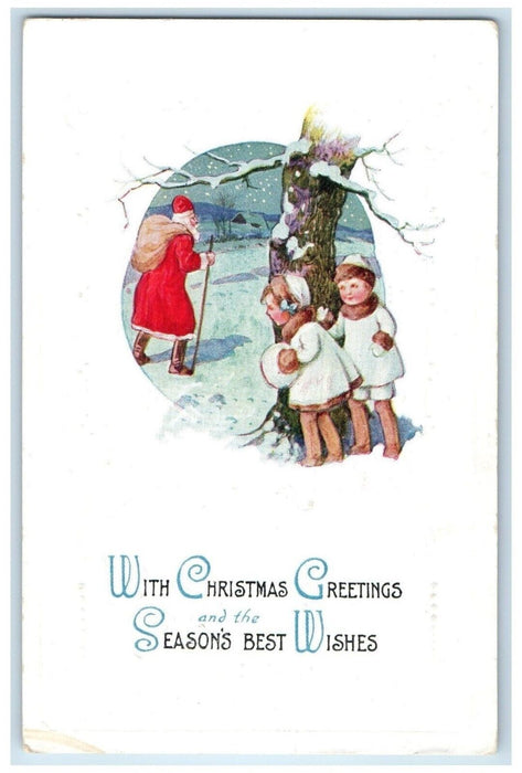c1910's Christmas Greetings Santa Claus Hiding Kids Winter Embossed Postcard