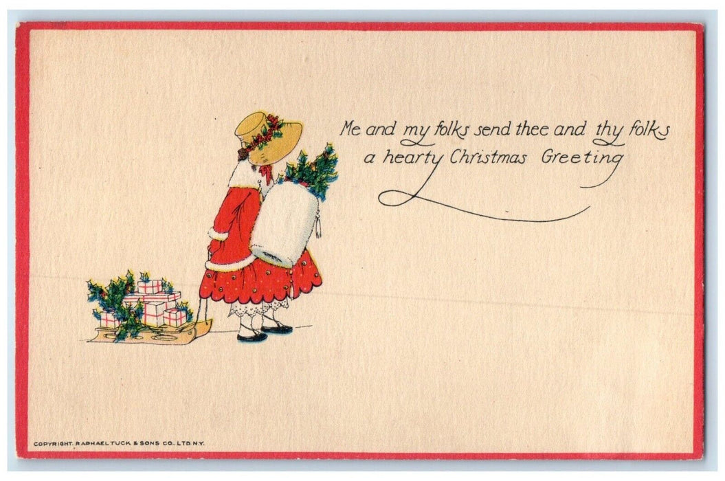c1910's Christmas Greeting Girl Holly Berries And Gifts Tuck's Antique Postcard