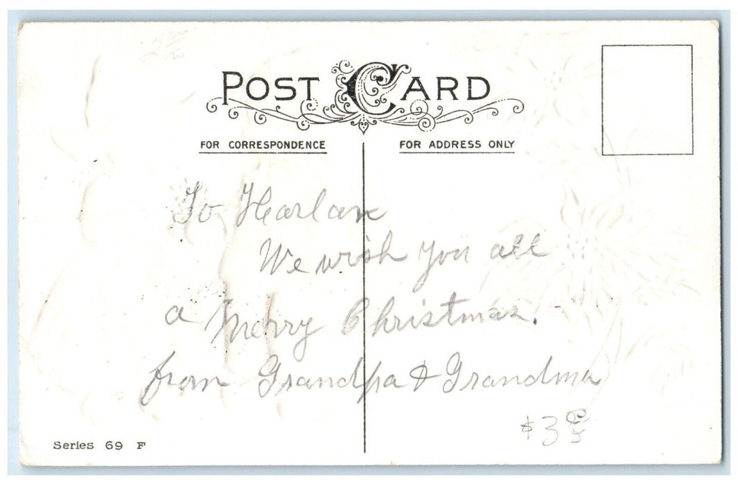 c1910's Christmas Wishes Dutch Kids Poinsettia Flowers Embossed Antique Postcard