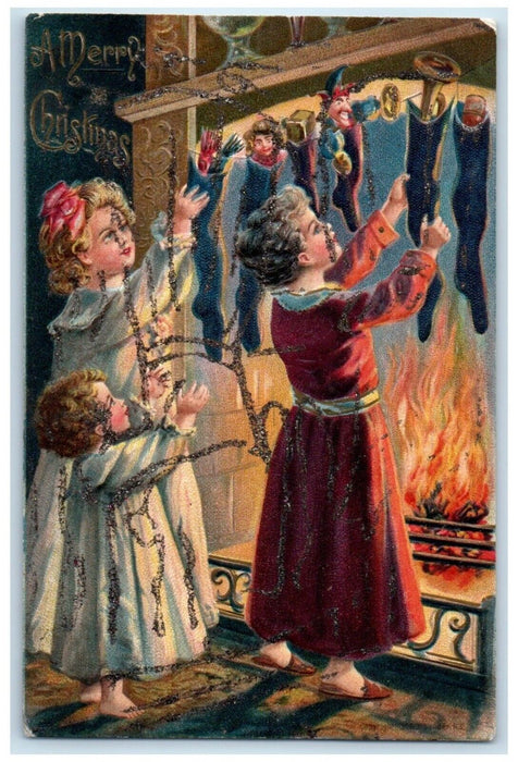 1908 Christmas Woman Hanging Stockings Full Of Toys Embossed Antique Postcard