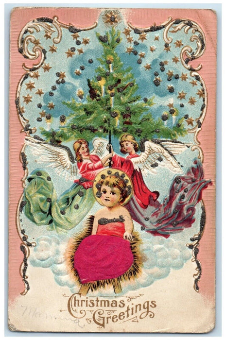 c1910's Christmas Greetings Angels Pine Tree Winter Embossed Silk Postcard