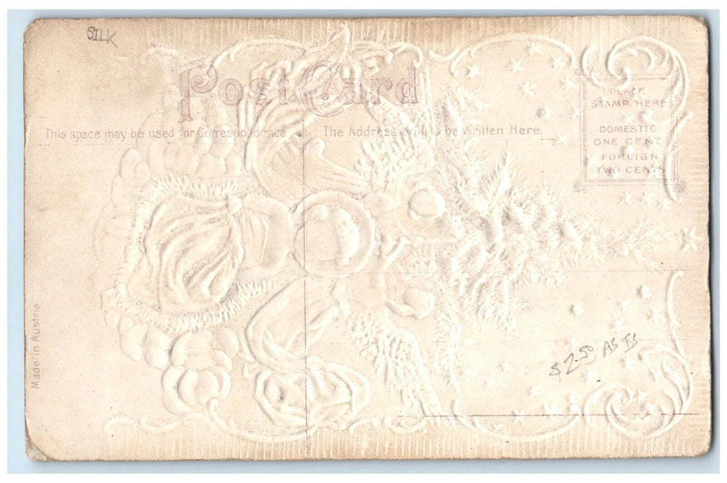 c1910's Christmas Greetings Angels Pine Tree Winter Embossed Silk Postcard