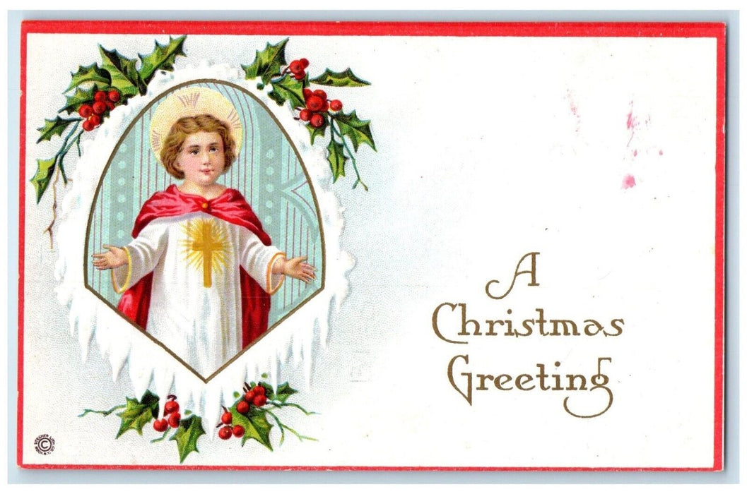 c1910's Christmas Greeting Religious Holly Berries Embossed Antique Postcard