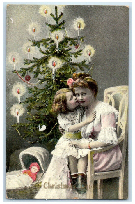 c1910's Christmas Greetings Sweet Mother And Daughter Posted Antique Postcard