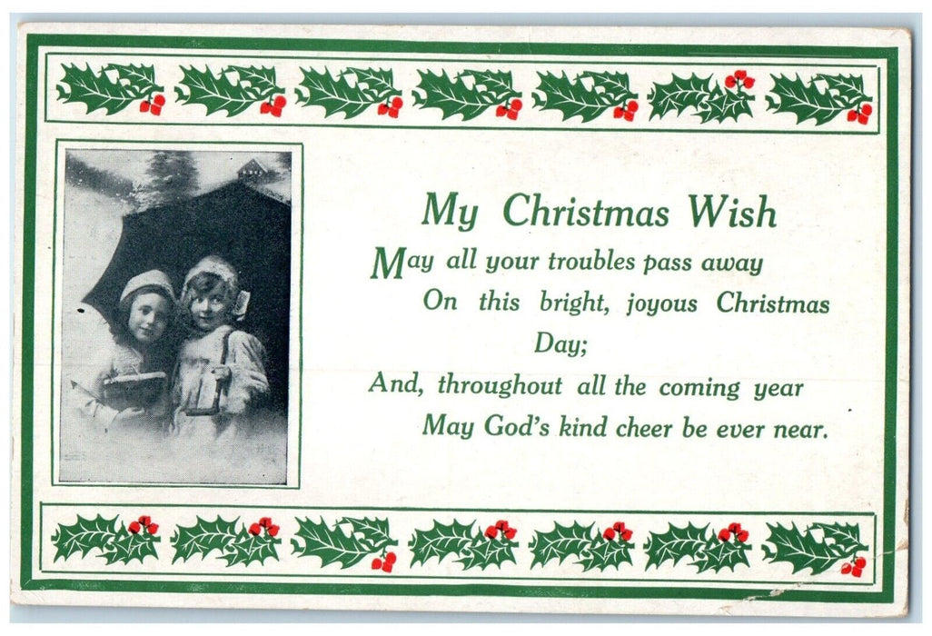 1911 Christmas Wish Message Girls With Umbrella Holly Berries Antique Postcard