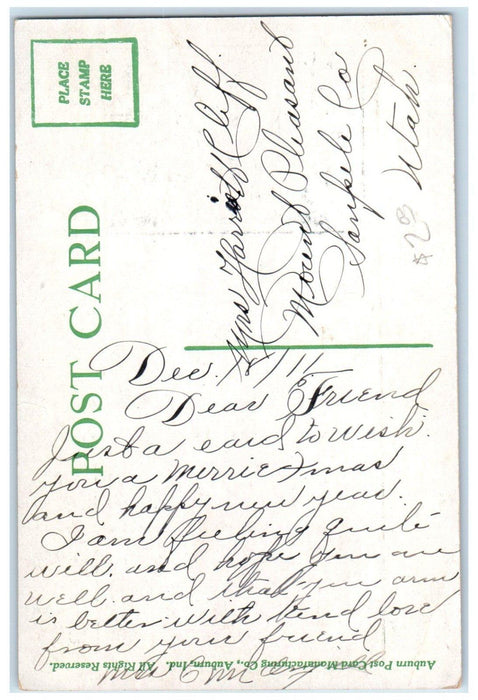 1911 Christmas Wish Message Girls With Umbrella Holly Berries Antique Postcard