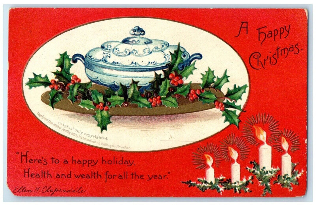 1907 Christmas Berries Candle Lights Ellen Clapsaddle Schenectady NY Postcard