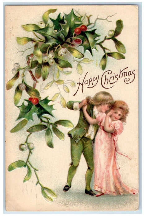 1908 Christmas Couple Romance Mistletoe Holly Berries Embossed Nash Postcard