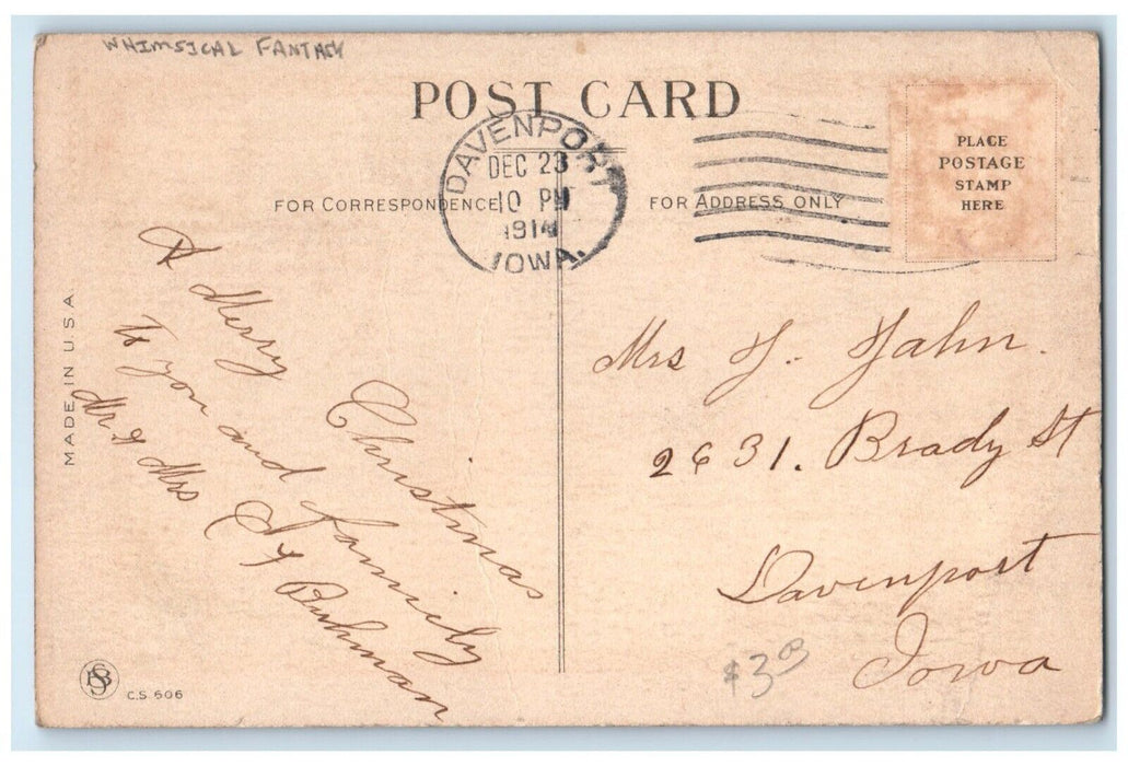 1914 Christmas Woman Ringing Bells Whimsical Fantasy Davenport Iowa IA Postcard