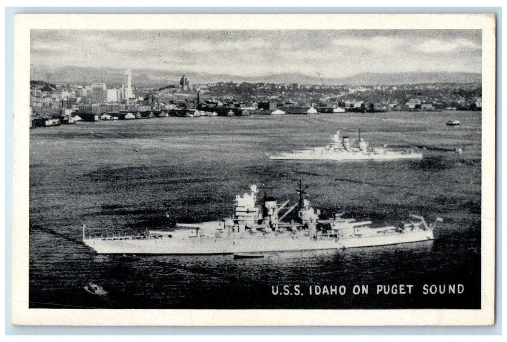 1946 Aerial View Steamer Ship USS Idaho Puget Sound Seattle Washington Postcard