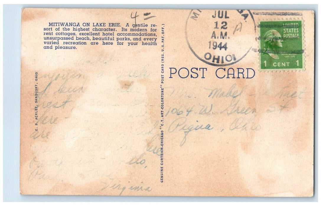 1944 Keewaydin Lake Front Lake Erie Vacationland Mitiwanga Park Ohio OH Postcard