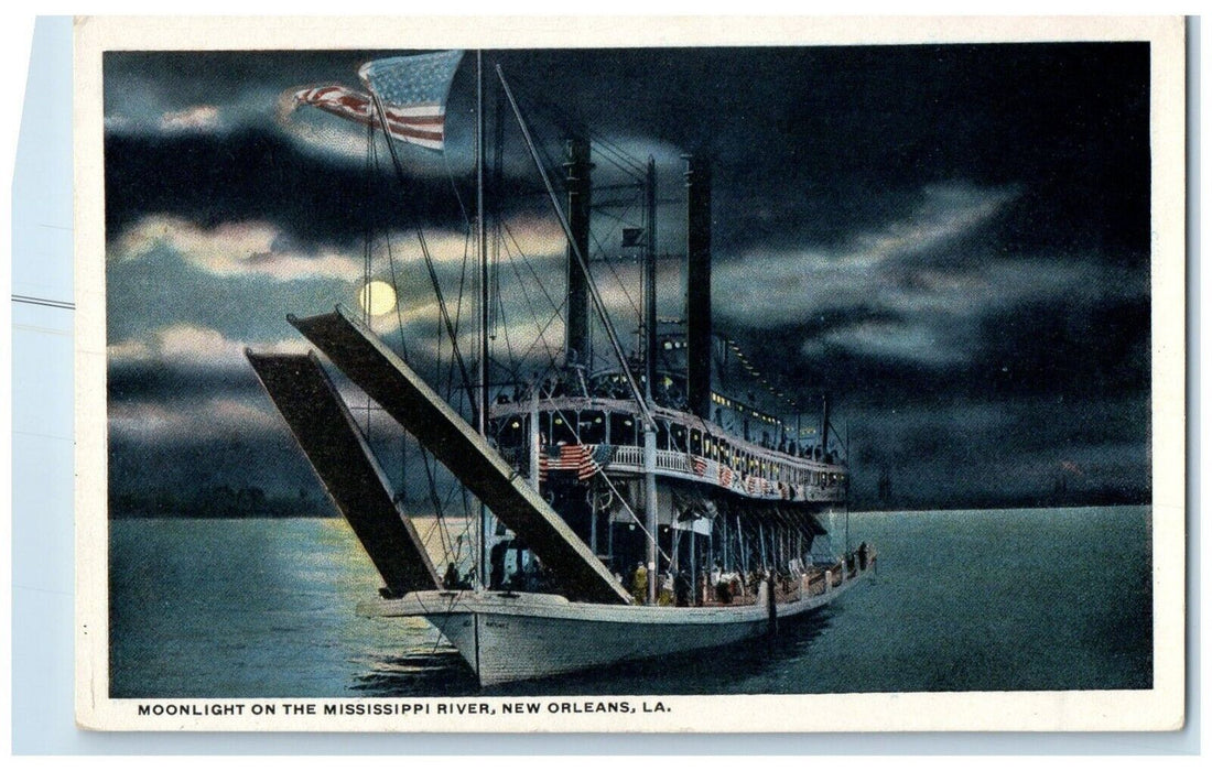c1910 Moonlight Mississippi River Steamer New Orleans Louisiana Vintage Postcard