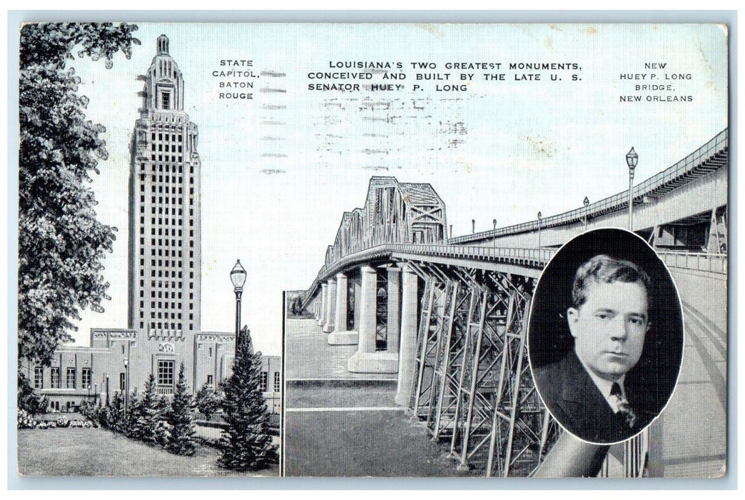 1936 State Capitol Monument Huey Long Bridge Baton Rouge Louisiana LA Postcard