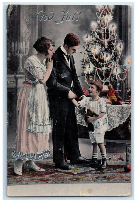 c1910's Christmas Tree Family Boy With Doll Posted Antique Postcard