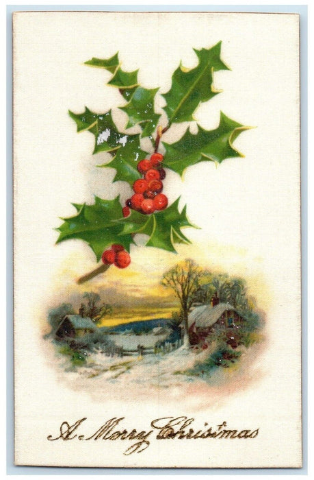 c1910's Merry Christmas House Winter Scene Holly Berries Winsch Back Postcard