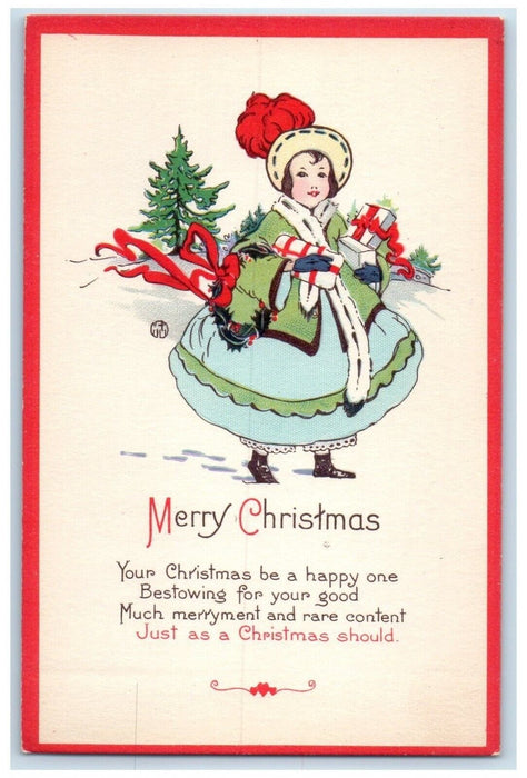 c1910's Christmas Pretty Woman With Gifts Pine Tree Unposted Antique Postcard