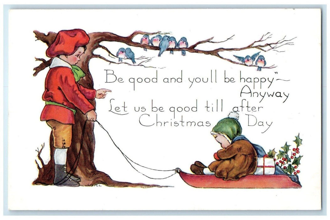 c1910's Christmas Sad Girl With Gift Berries Song Birds Embossed Posted Postcard