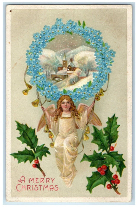 c1910's Christmas Angel Swing Pansies Flowers Berries Embossed Antique Postcard