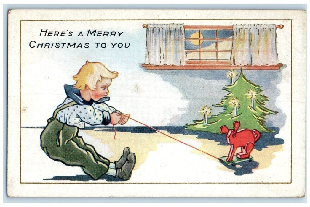 1917 Christmas Tree Candle Lights Boy Pulling Wagon Toy Seattle WA Postcard