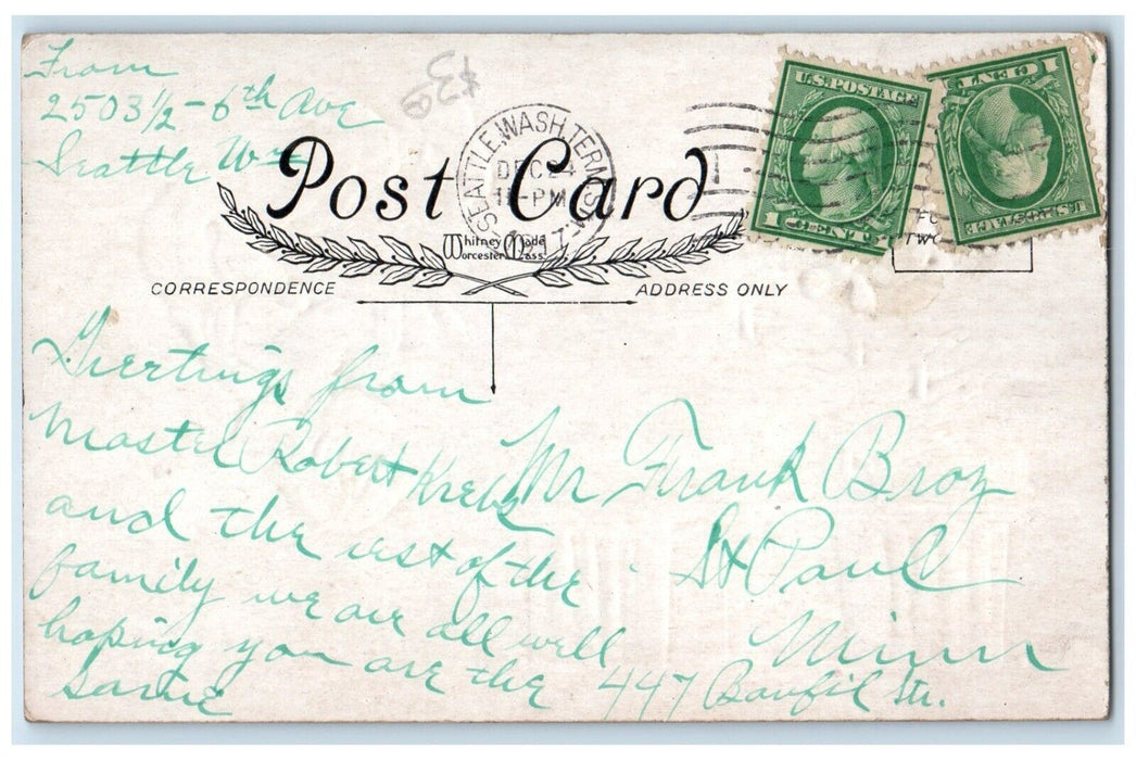 1917 Christmas Tree Candle Lights Boy Pulling Wagon Toy Seattle WA Postcard