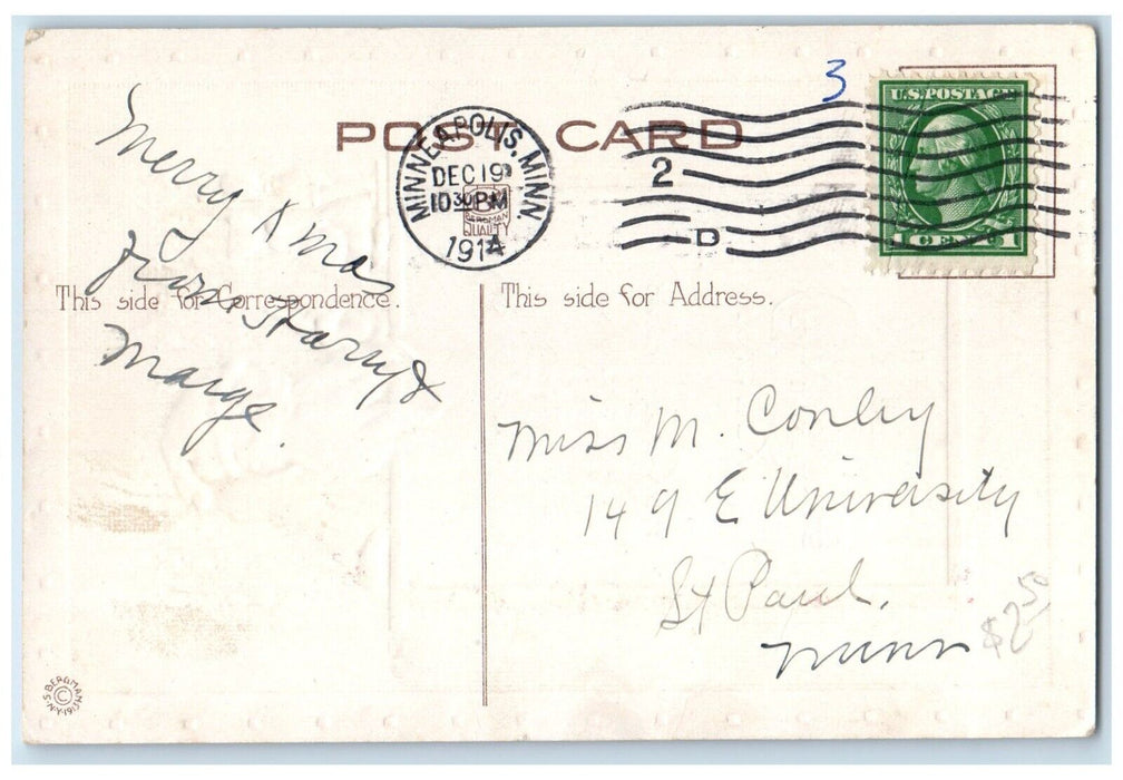 1914 Christmas Santa Claus Dutch Kid Embossed Minneapolis Minnesota MN Postcard