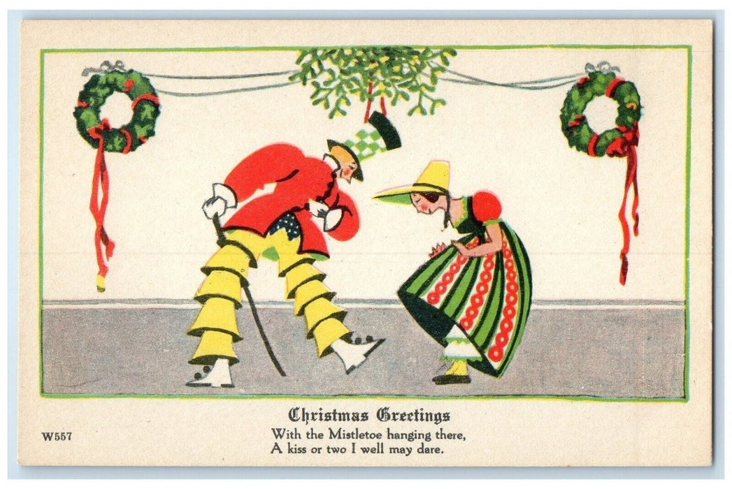 Christmas Greetings Art Deco Couple Dancing Under Mistletoe Whreat Postcard