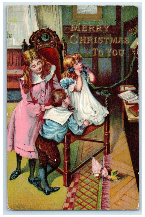 1908 Christmas Children Telephone Embossed St. Paul Minnesota MN Posted Postcard