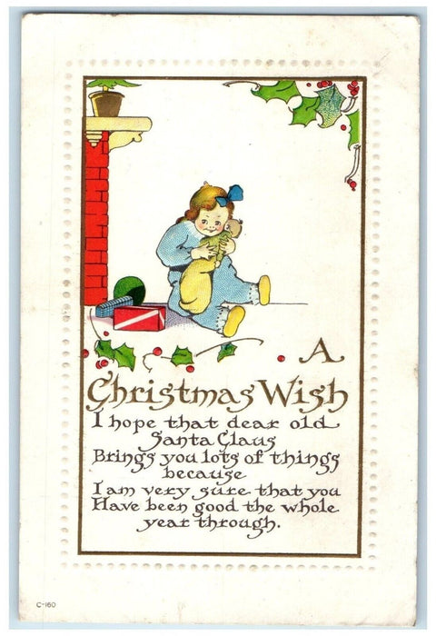 c1910's Christmas Girl Playing Doll Gift Berries Embossed Antique Postcard