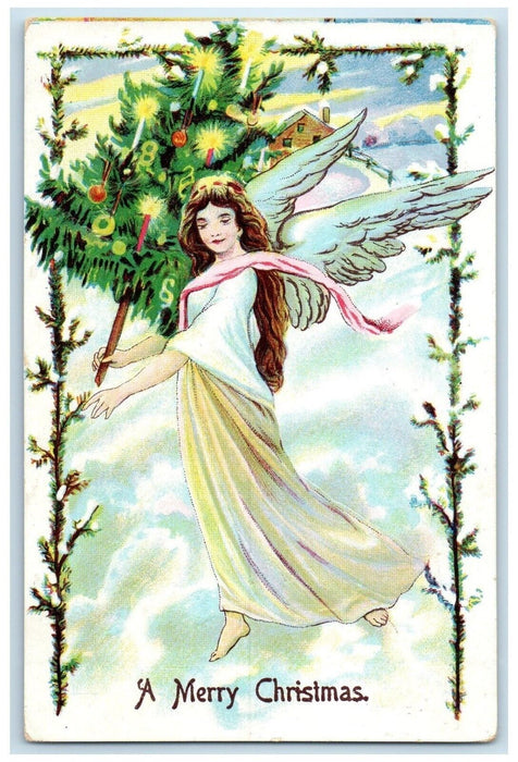 c1910's Christmas Tree Holding Angel Winter Scene Embossed Antique Postcard