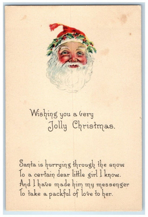 c1910's Christmas Santa Claus Head Holly Berries Unposted Antique Postcard