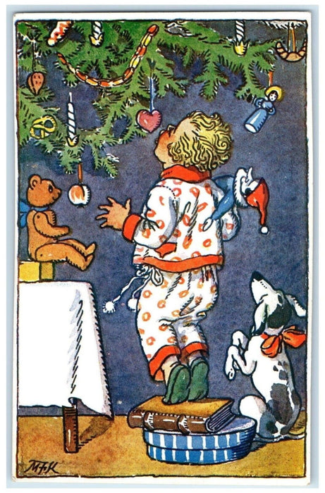 c1910's Christmas Tree Boy And Dog Toys Unposted Antique Postcard