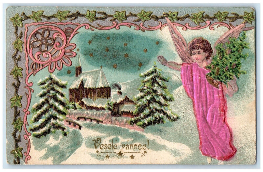 c1905 Christmas Tree Angel House Church Embossed Posted Antique Postcard