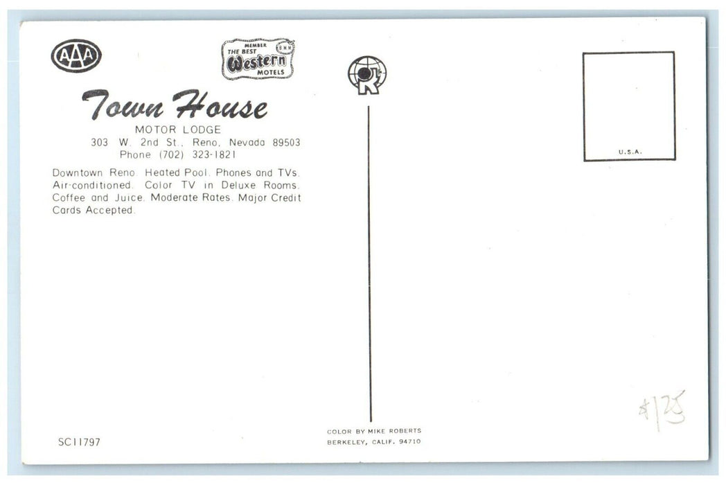 c1950's Town House Motor Lodge Car Road Side Reno Nevada NV Vintage Postcard